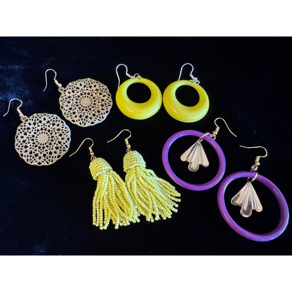 Lot of 4 Earrings Boho Filigree Yellow Hoops Tassels Purple 90s Fun Costume Fest